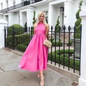 Zara Poplin Halter Neck Open Midi Dress New Fuchsia New Barbiecore Barbie Core